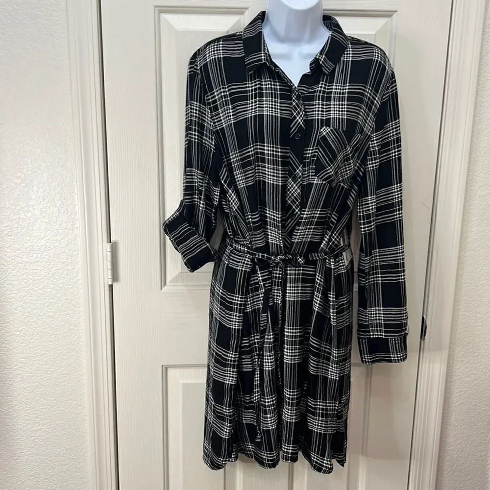 BLL Nyc Woman’s Large Black White Plaid Dress Button Front Tie Belt Pocket New